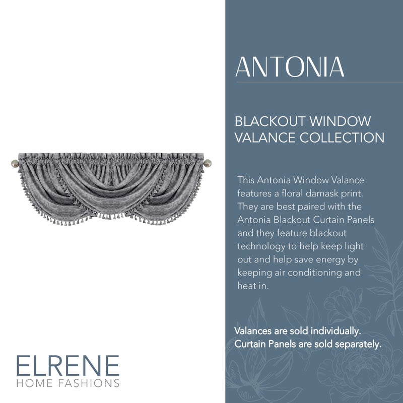 Elrene Home Fashions Antonia Floral Damask Waterfall Window Valance with Tassels, 52"x36", Silver - Image 2